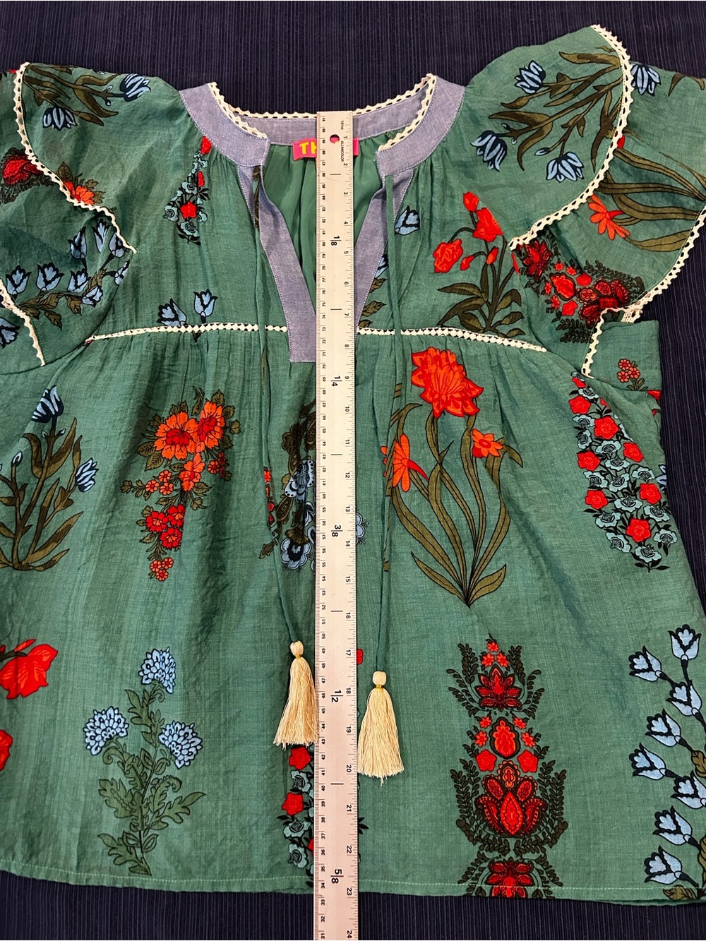THML Clothing Green Floral Peasant Tunic Blouse with Ruffle Sleeves, Tassels L - Picture 12 of 16